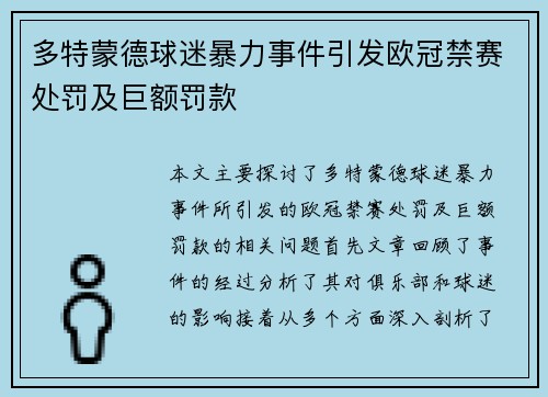 多特蒙德球迷暴力事件引发欧冠禁赛处罚及巨额罚款